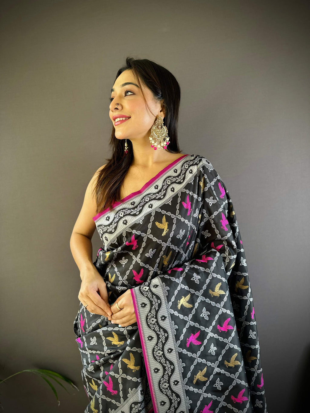 Sonakshi Women's Black Lichi Soft Silk Zari Weaving Saree with Blouse | Grocsy