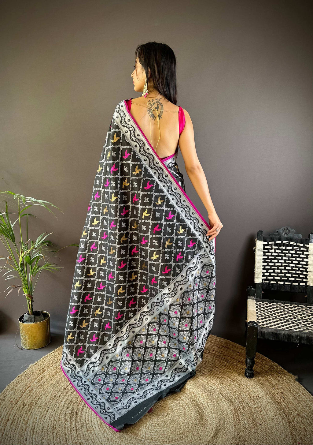 Sonakshi Women's Black Lichi Soft Silk Zari Weaving Saree with Blouse | Grocsy