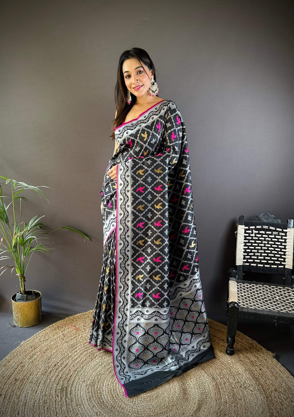 Sonakshi Women's Black Lichi Soft Silk Zari Weaving Saree with Blouse | Grocsy