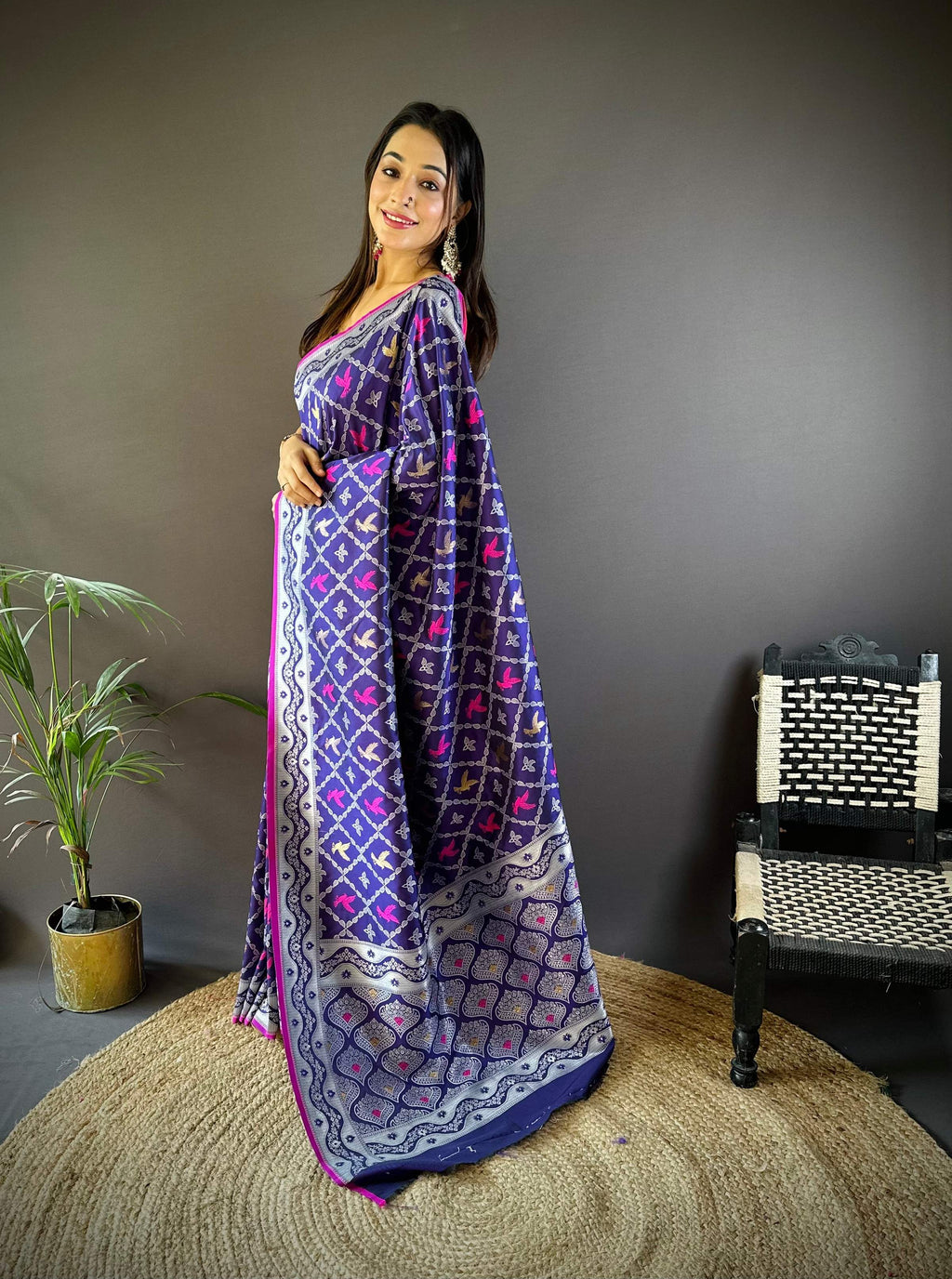 Sonakshi Women's Blue Lichi Soft Silk Zari Weaving Saree with Blouse | Grocsy