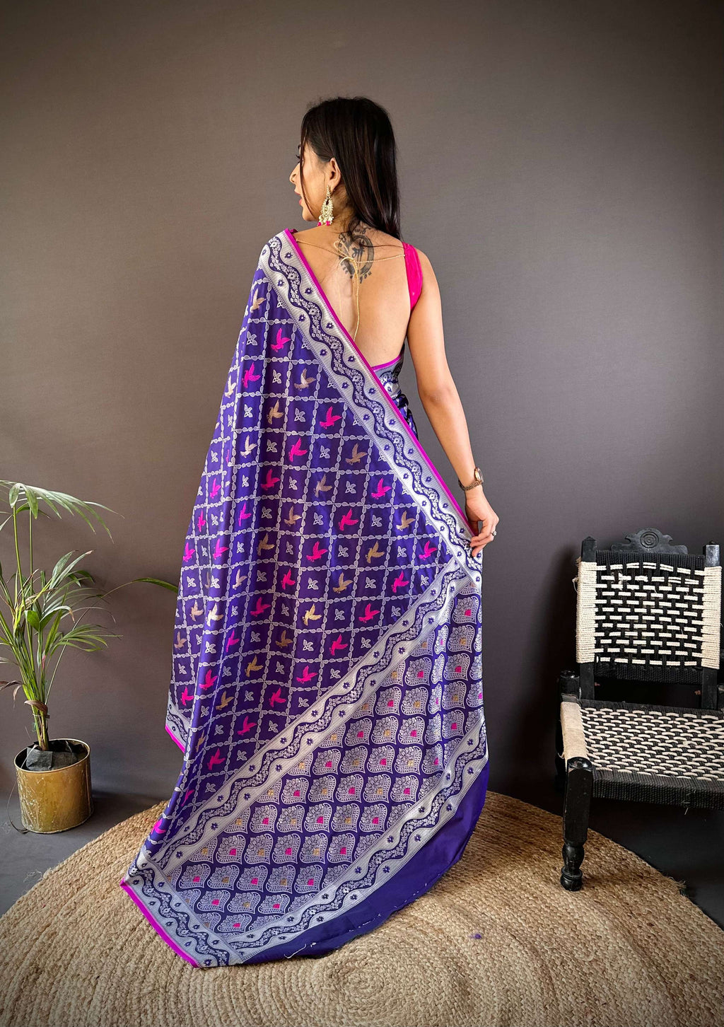 Sonakshi Women's Blue Lichi Soft Silk Zari Weaving Saree with Blouse | Grocsy
