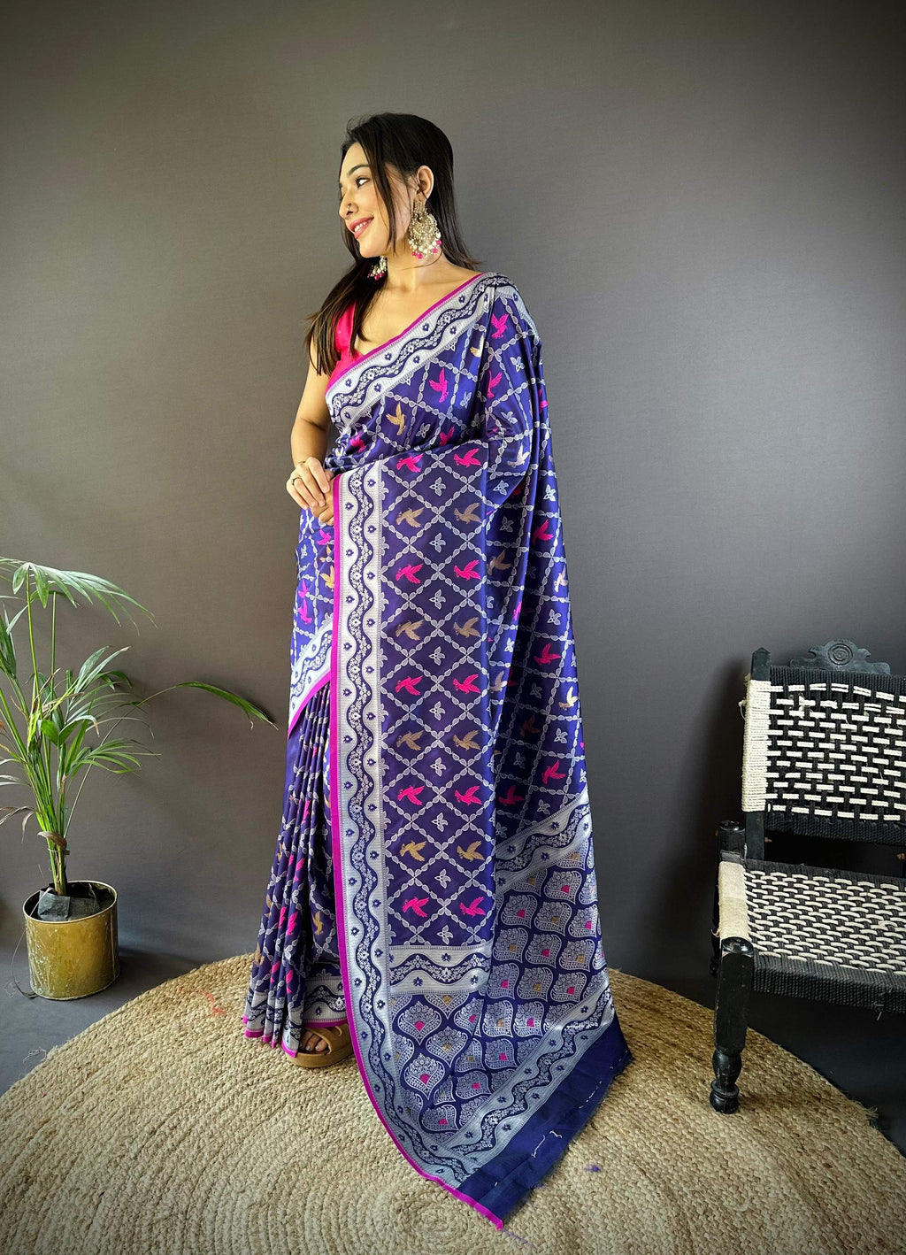 Sonakshi Women's Blue Lichi Soft Silk Zari Weaving Saree with Blouse | Grocsy