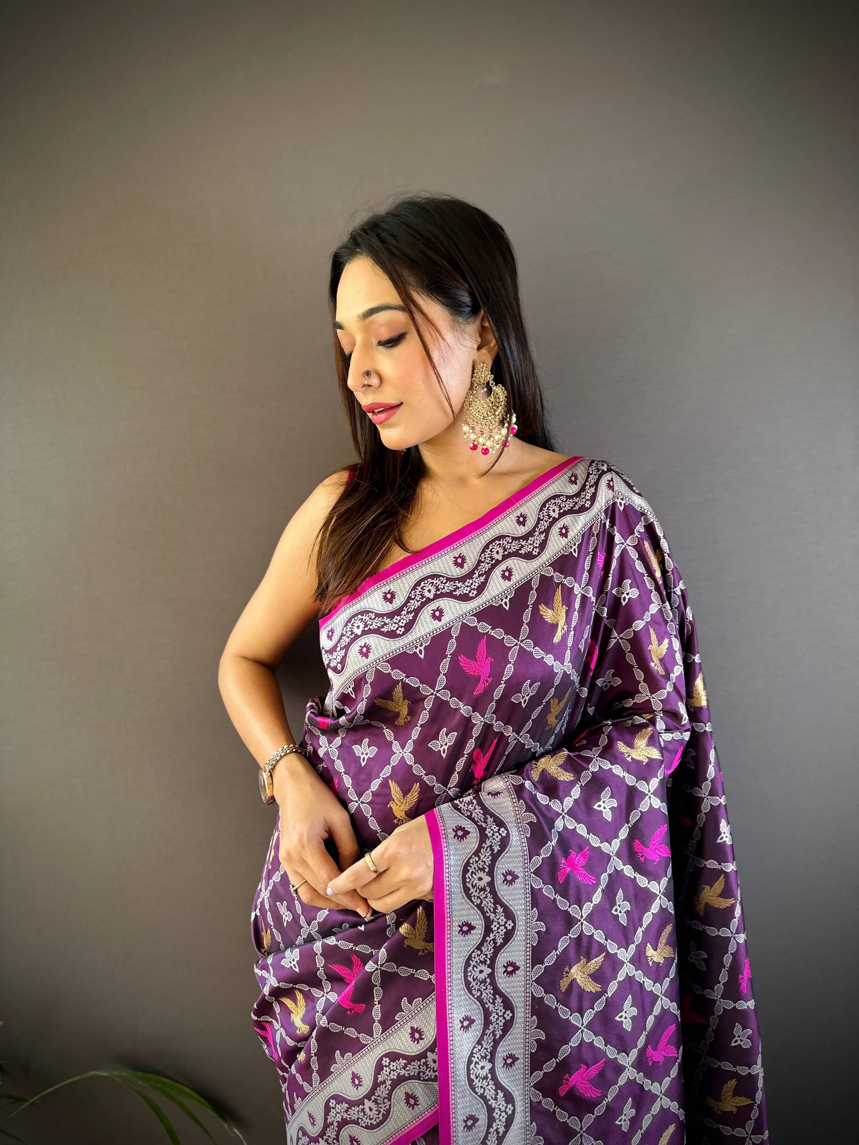 Sonakshi Women's Wine Lichi Soft Silk Zari Weaving Saree with Blouse | Grocsy