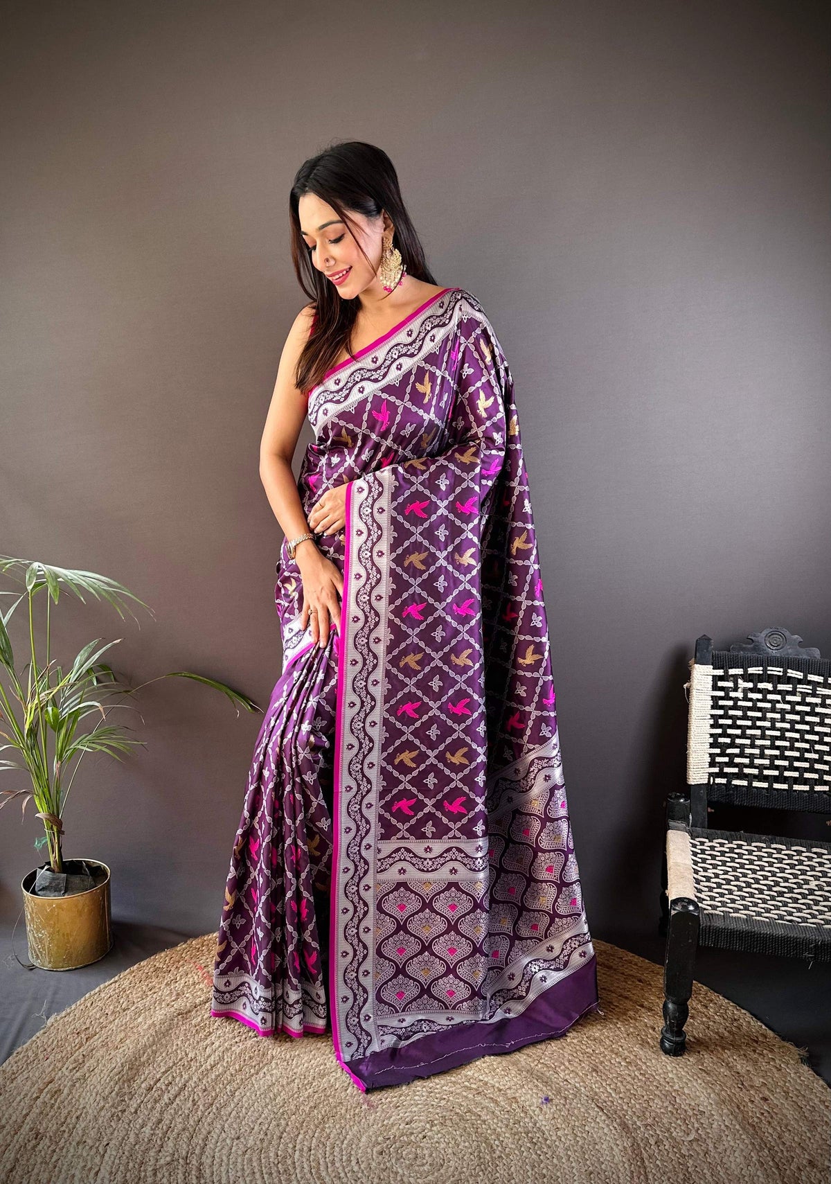 Sonakshi Women's Wine Lichi Soft Silk Zari Weaving Saree with Blouse | Grocsy