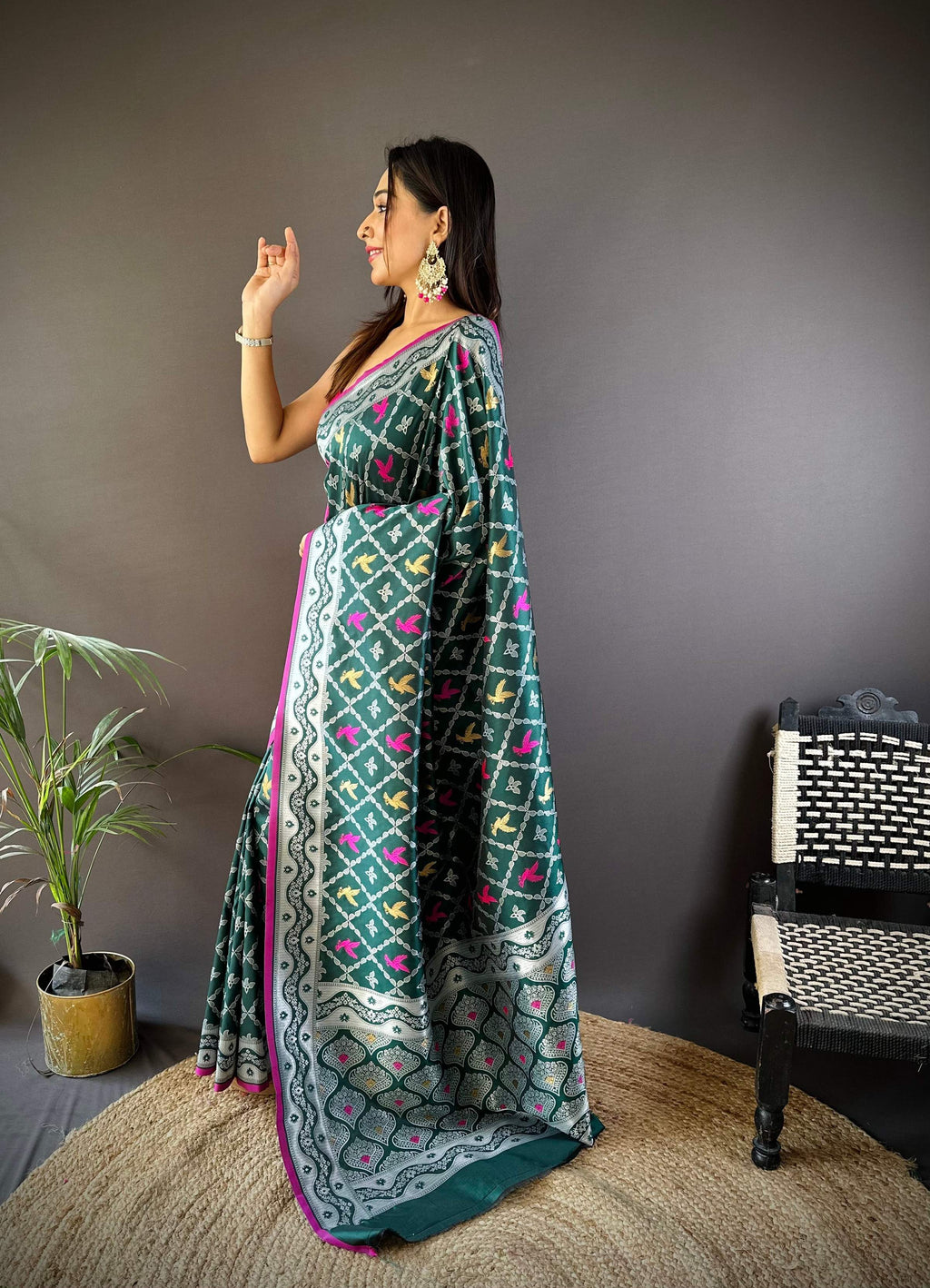 Sonakshi Women's Green Lichi Soft Silk Zari Weaving Saree with Blouse | Grocsy