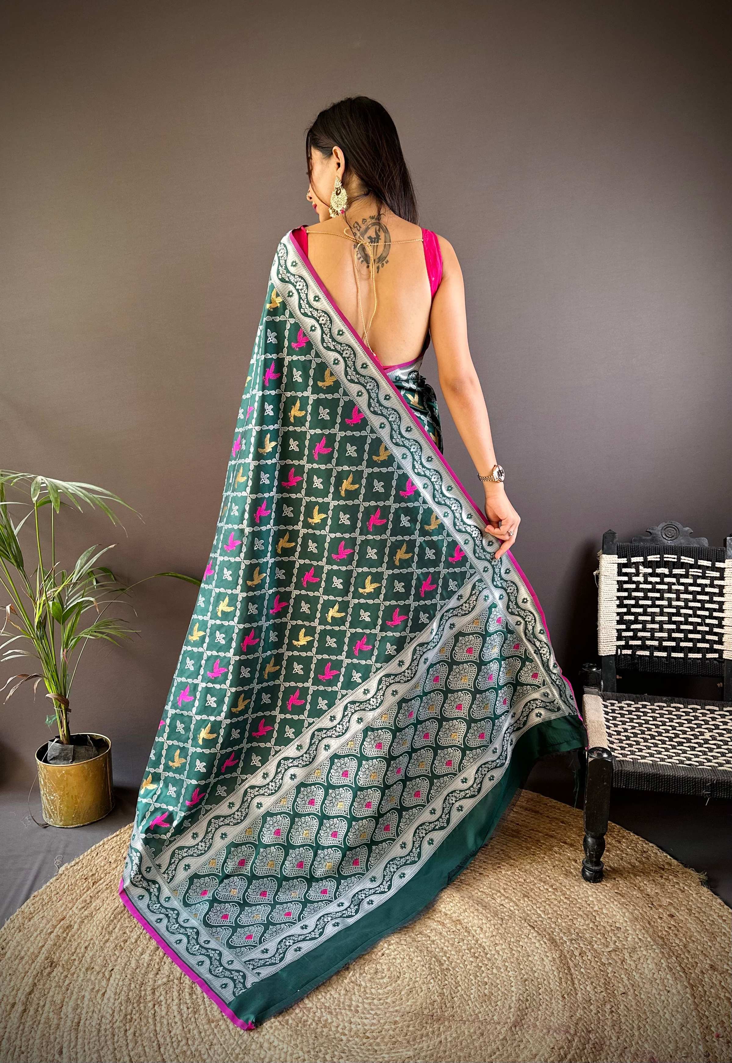 Sonakshi Women's Green Lichi Soft Silk Zari Weaving Saree with Blouse | Grocsy
