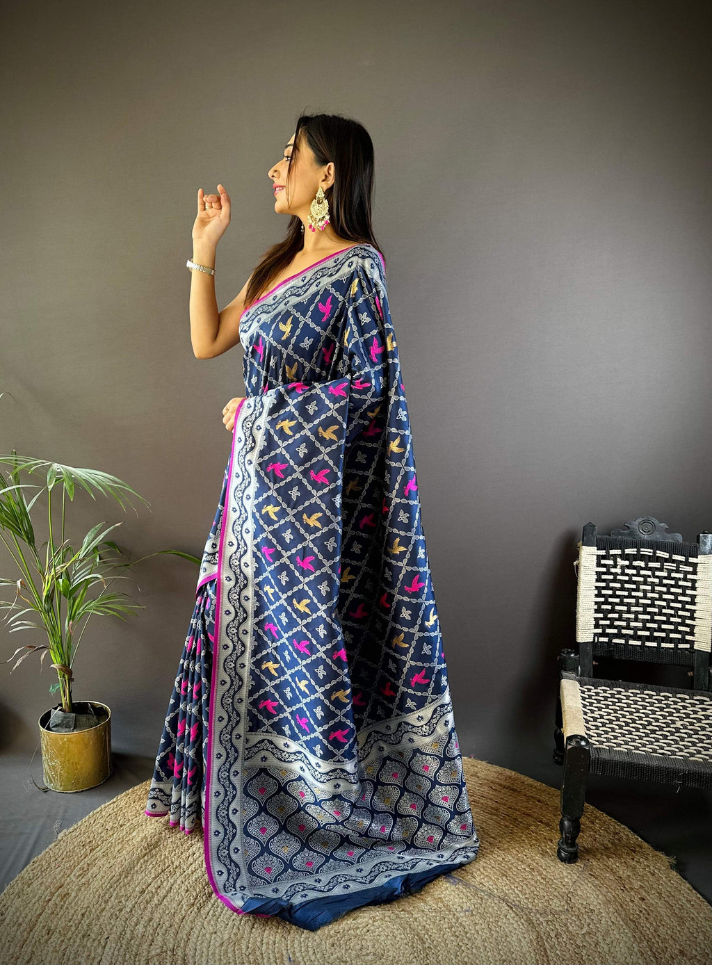 Sonakshi Women's Navy Blue Lichi Soft Silk Zari Weaving Saree with Blouse | Grocsy