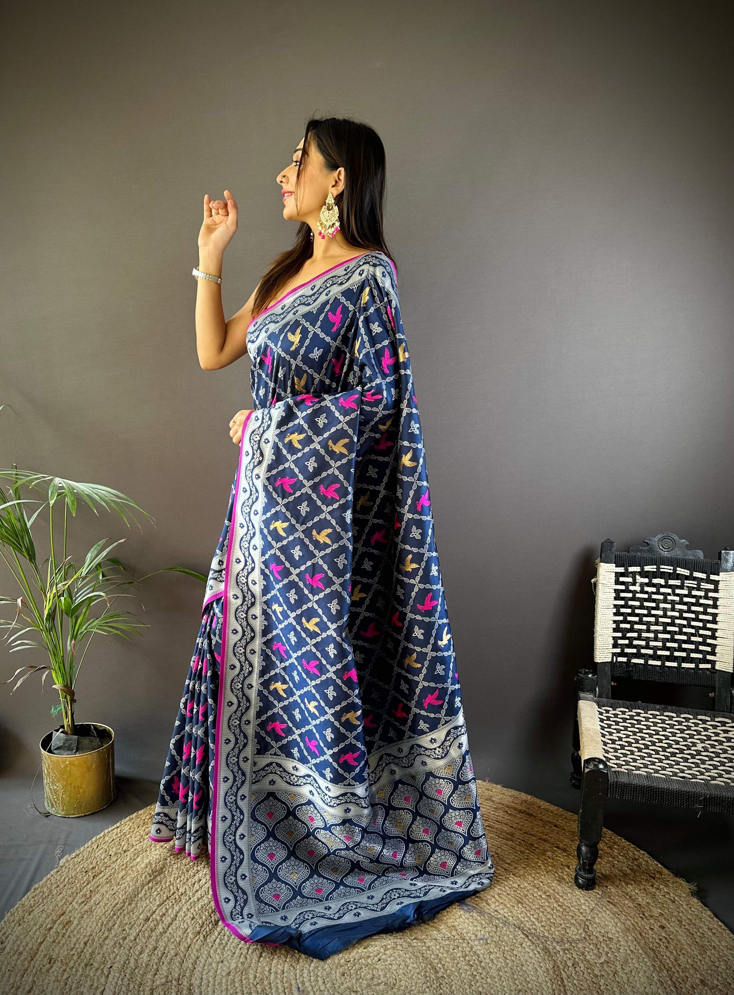 Sonakshi Women's Navy Blue Lichi Soft Silk Zari Weaving Saree with Blouse | Grocsy