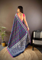 Sonakshi Women's Navy Blue Lichi Soft Silk Zari Weaving Saree with Blouse | Grocsy