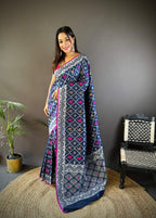 Sonakshi Women's Navy Blue Lichi Soft Silk Zari Weaving Saree with Blouse | Grocsy