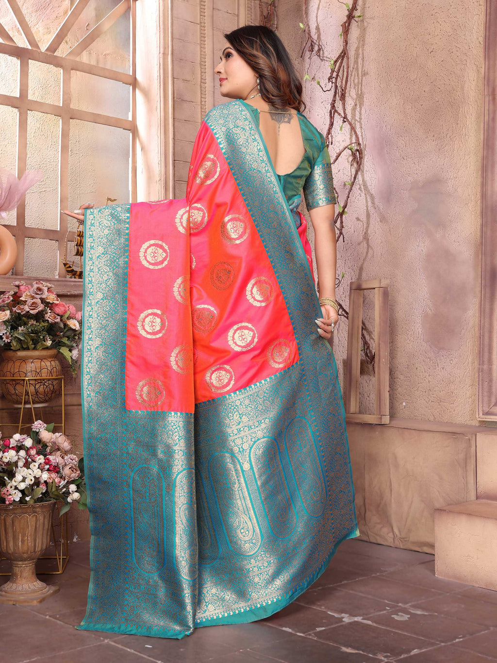 Sonakshi Women's Peach Banarasi Silk Zari Weaving Saree with Blouse | Grocsy