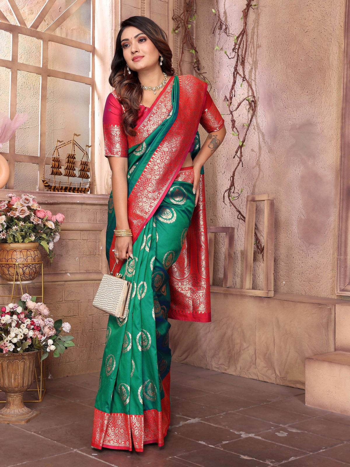 Sonakshi Women's Green Banarasi Silk Zari Weaving Saree with Blouse | Grocsy