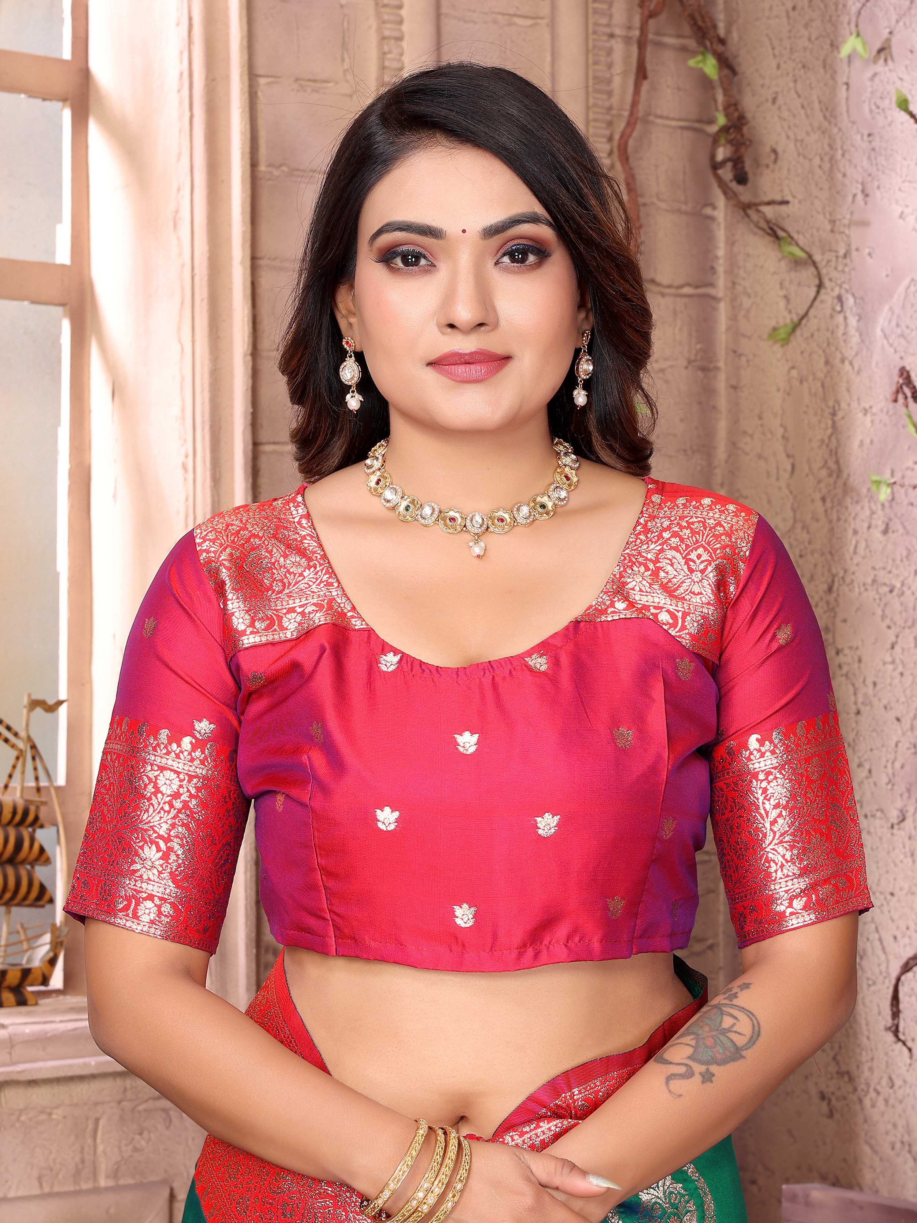 Sonakshi Women's Green Banarasi Silk Zari Weaving Saree with Blouse | Grocsy