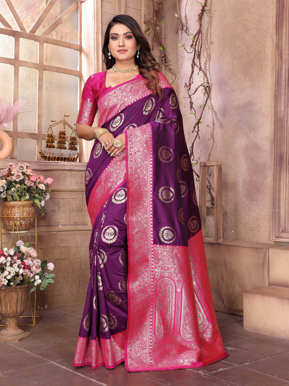 Sonakshi Women's Jamli Banarasi Silk Zari Weaving Saree with Blouse | Grocsy