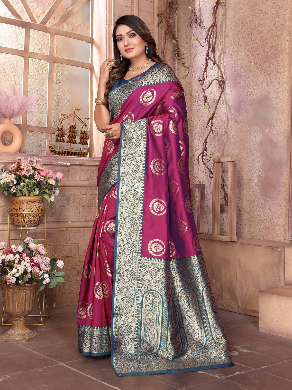 Sonakshi Women's Wine Banarasi Silk Zari Weaving Saree with Blouse | Grocsy