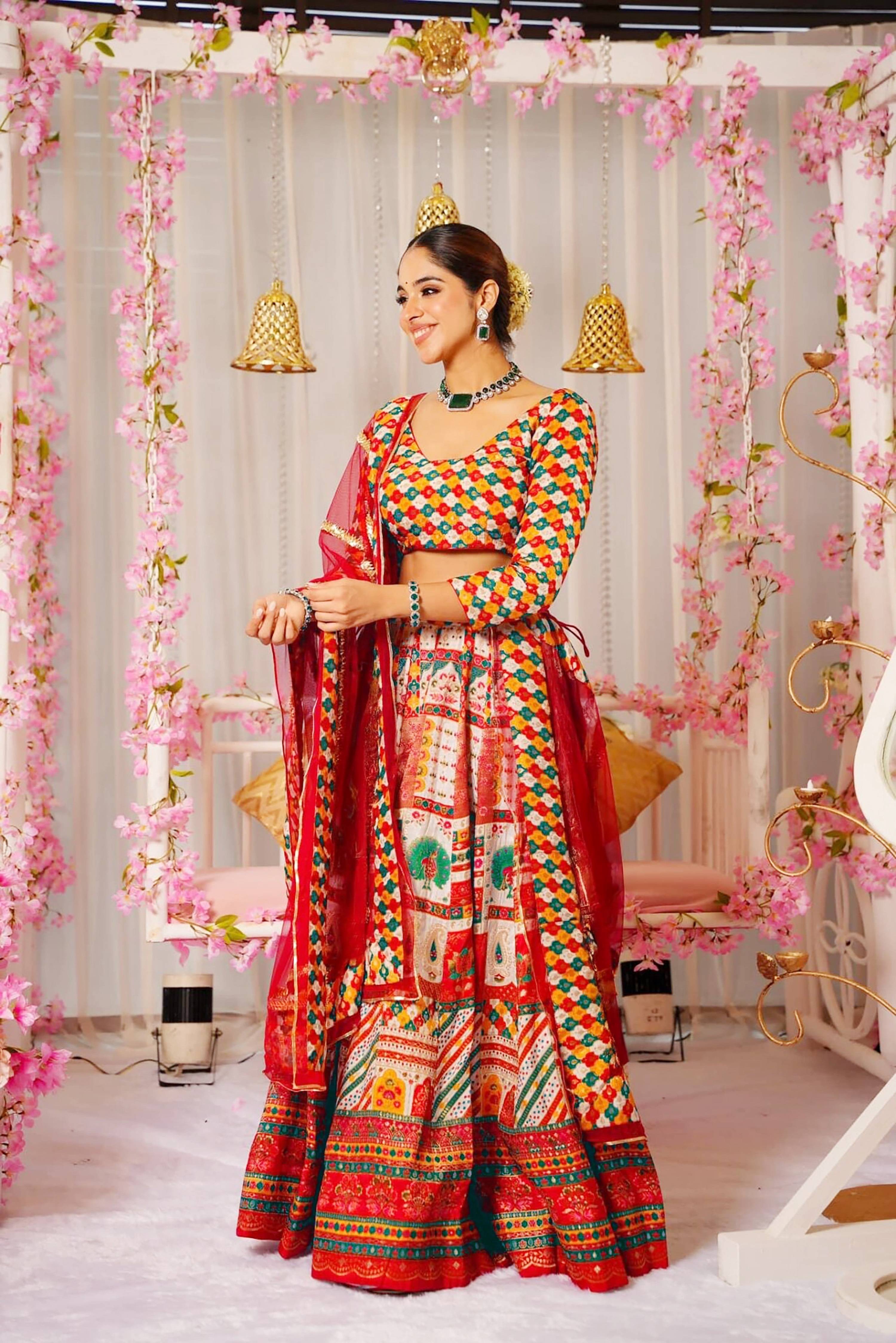 Sonakshi Women's Multicolor Silk Digital Printed Lehenga Choli Set | Grocsy