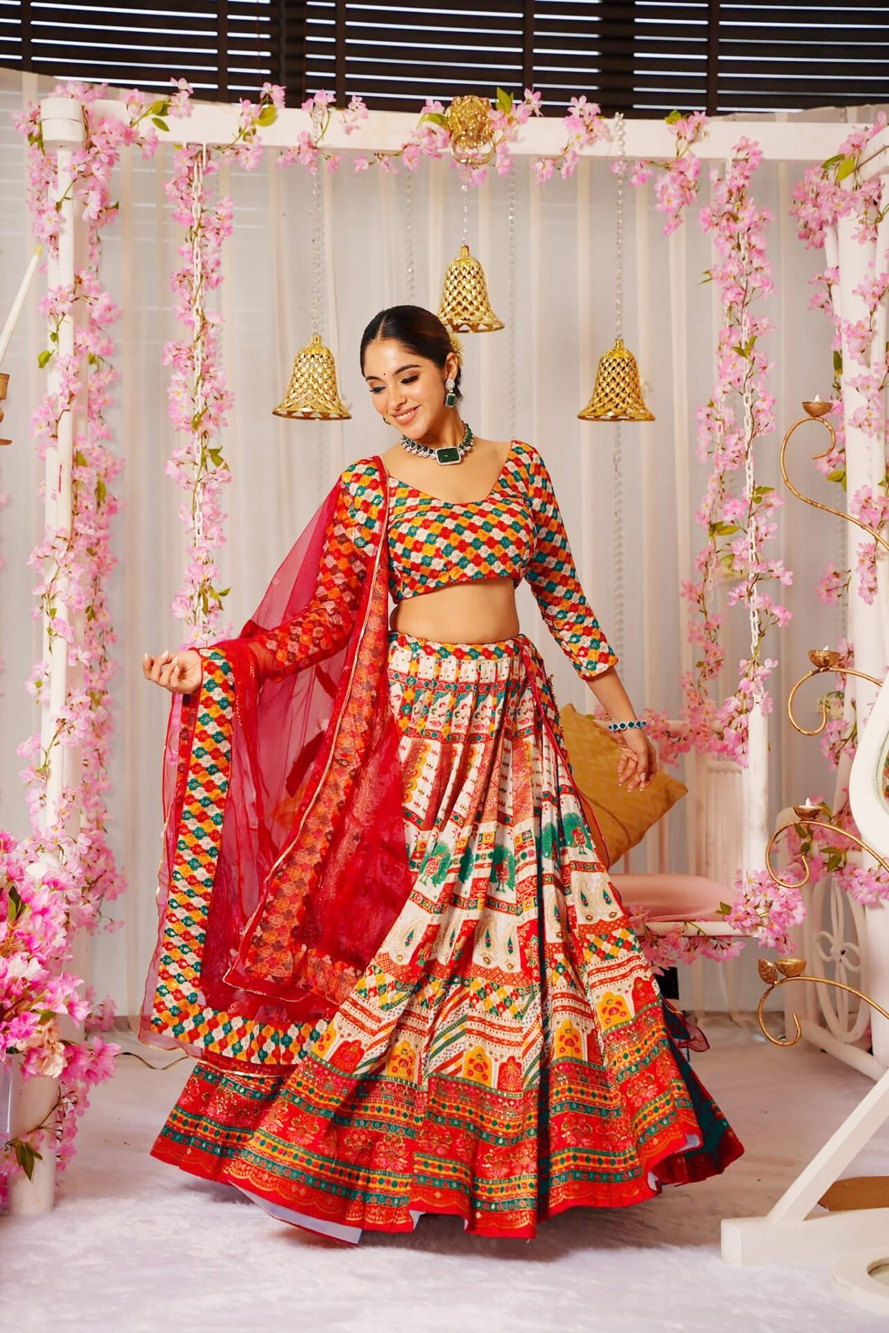 Sonakshi Women's Multicolor Silk Digital Printed Lehenga Choli Set | Grocsy