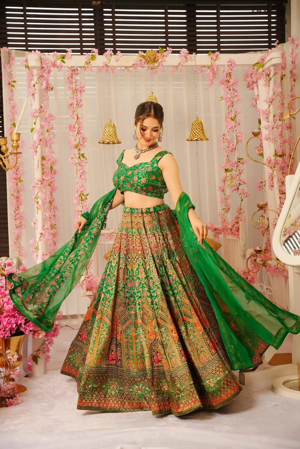 Sonakshi Women's Green Silk Digital Printed Lehenga Choli Set | Grocsy