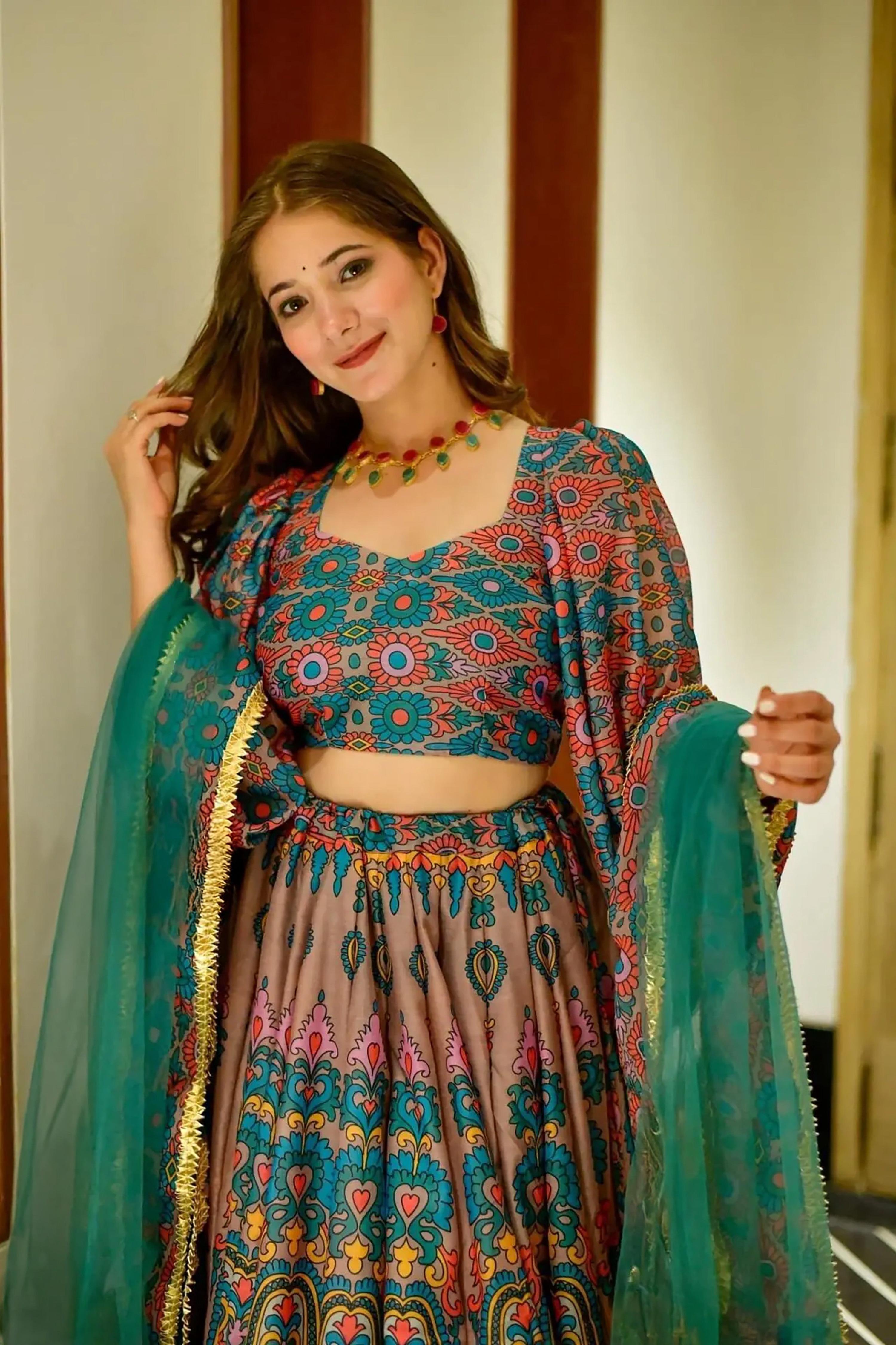 Sonakshi Women's Feroji Silk Digital Printed Lehenga Choli Set | Grocsy