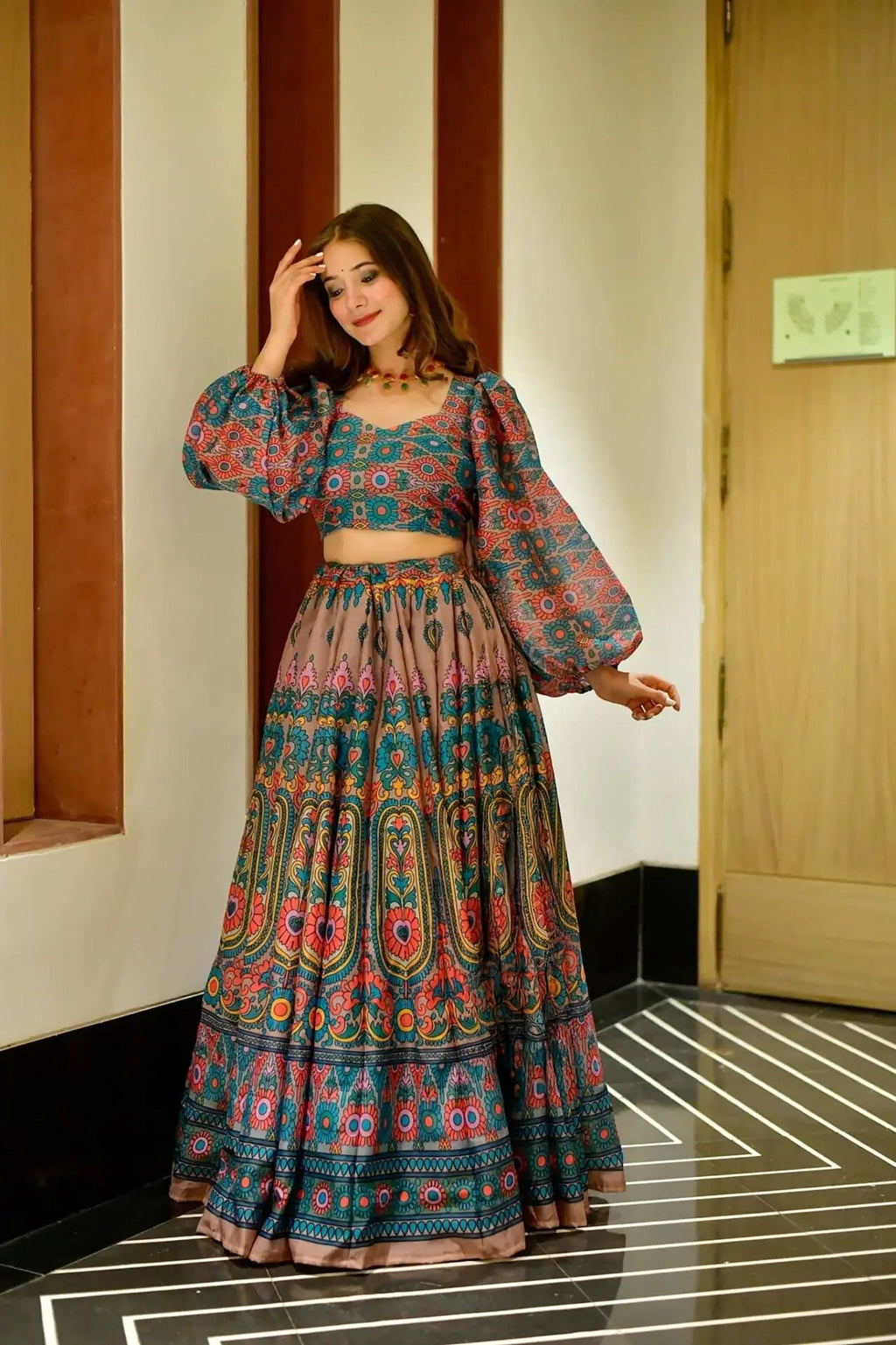 Sonakshi Women's Feroji Silk Digital Printed Lehenga Choli Set | Grocsy