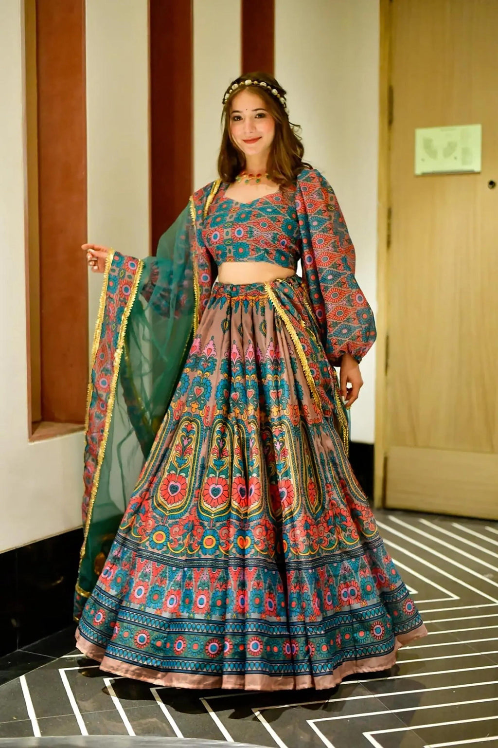 Sonakshi Women's Feroji Silk Digital Printed Lehenga Choli Set | Grocsy