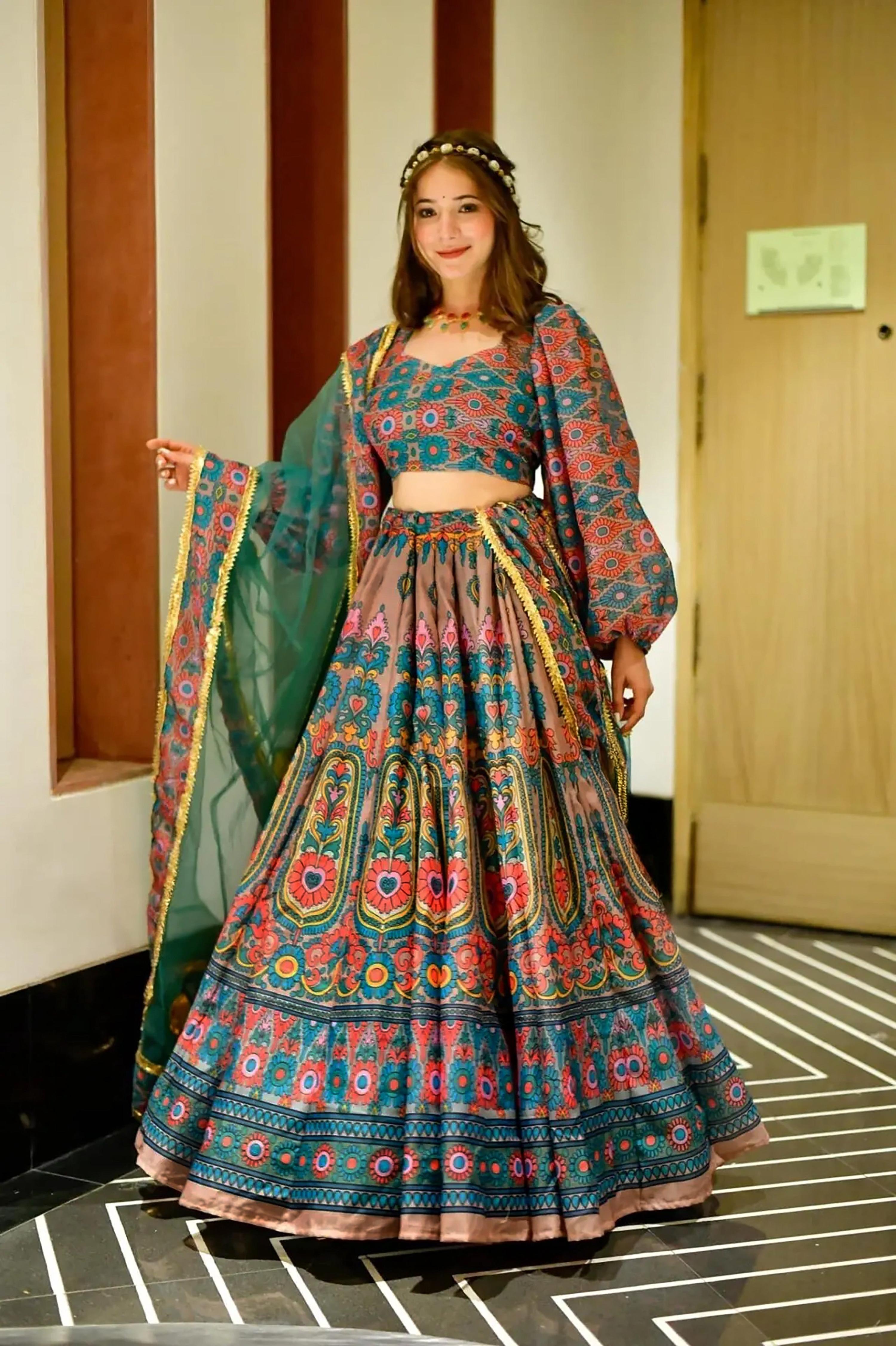 Sonakshi Women's Feroji Silk Digital Printed Lehenga Choli Set | Grocsy