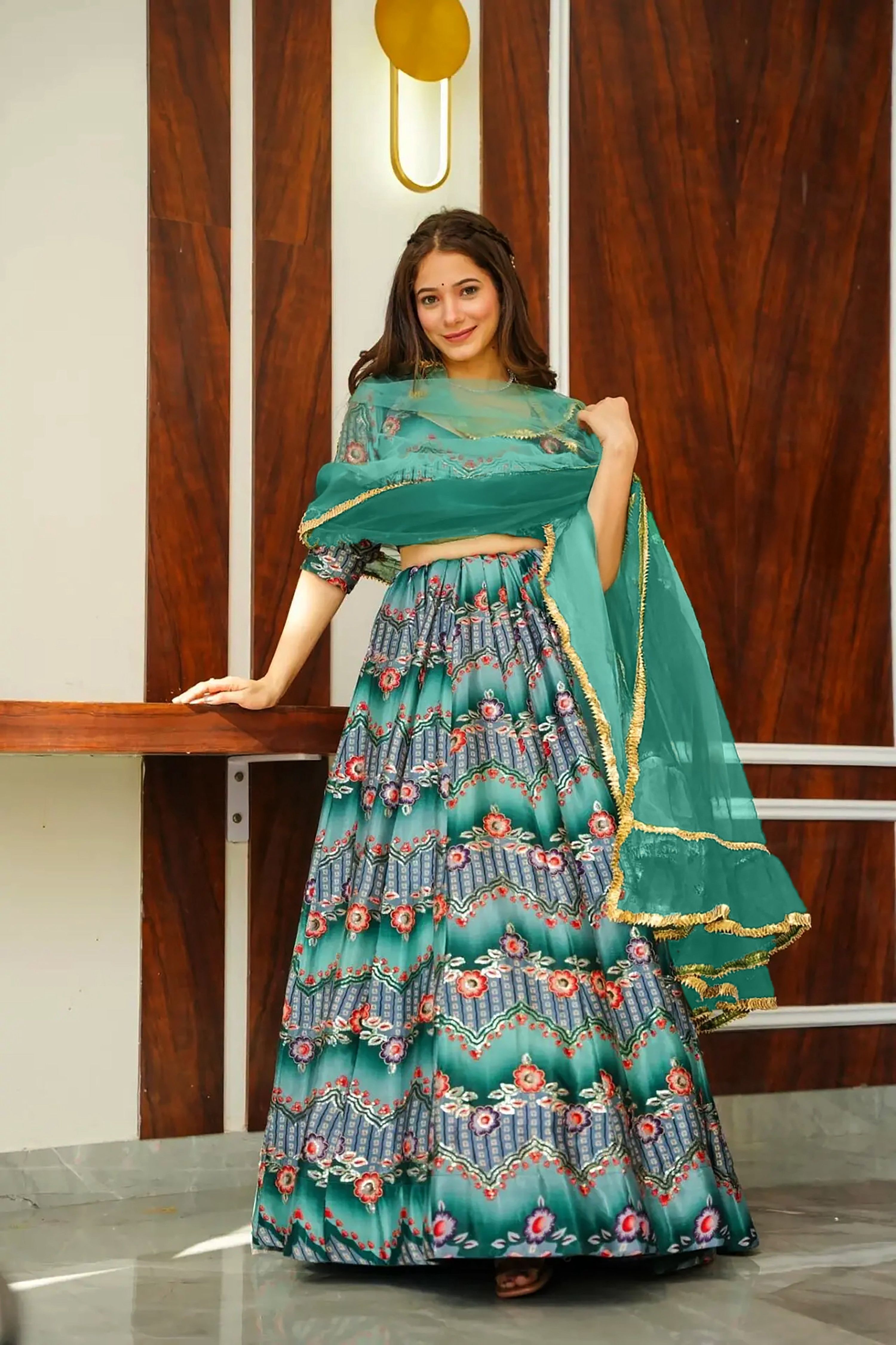 Sonakshi Women's Rama Silk Digital Printed Lehenga Choli Set | Grocsy