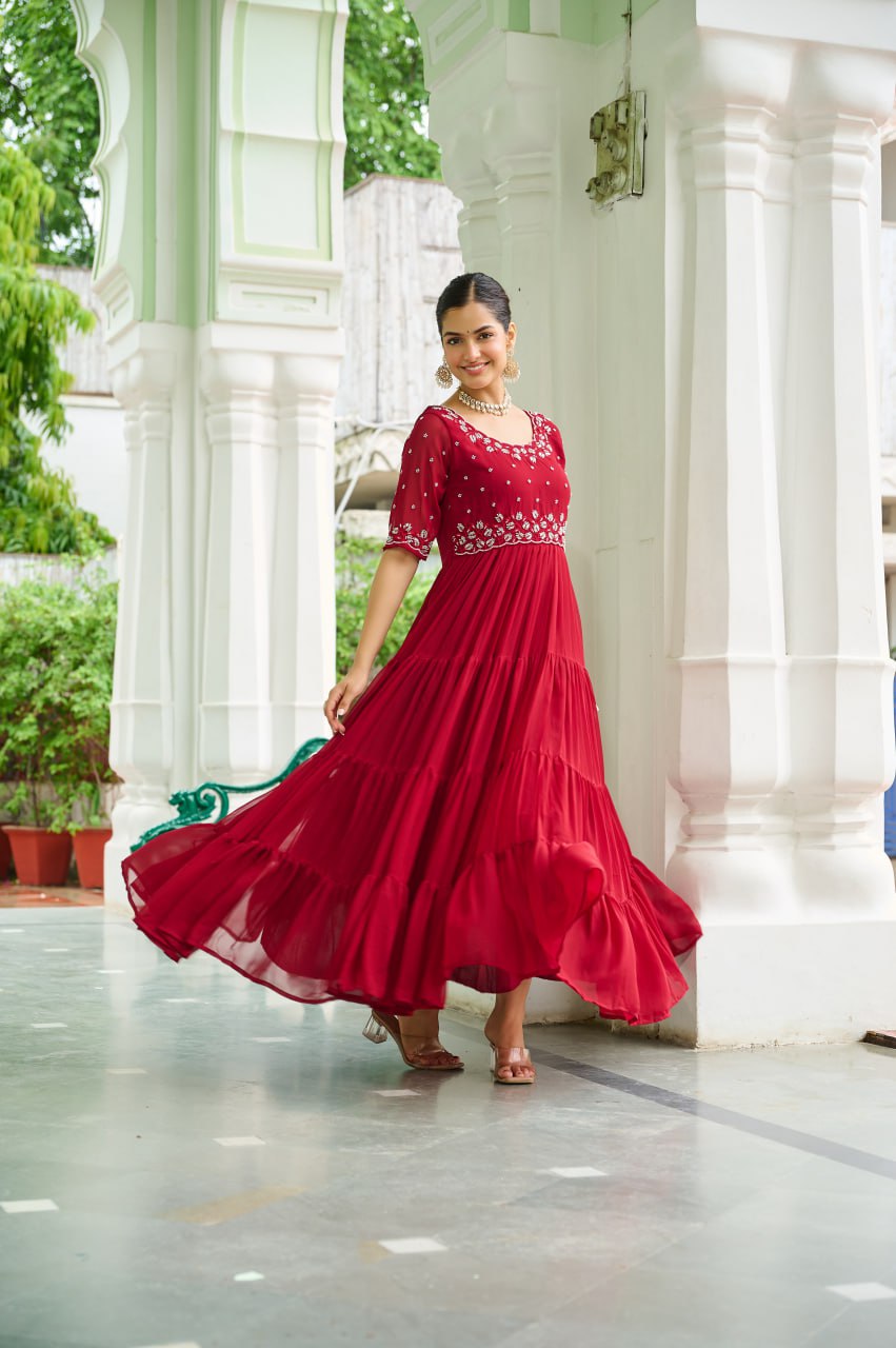 Sonakshi Women's Maroon Faux Blooming Beads Embroidered Work Anarkali Gown Set | Grocsy