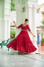 Sonakshi Women's Maroon Faux Blooming Beads Embroidered Work Anarkali Gown Set | Grocsy