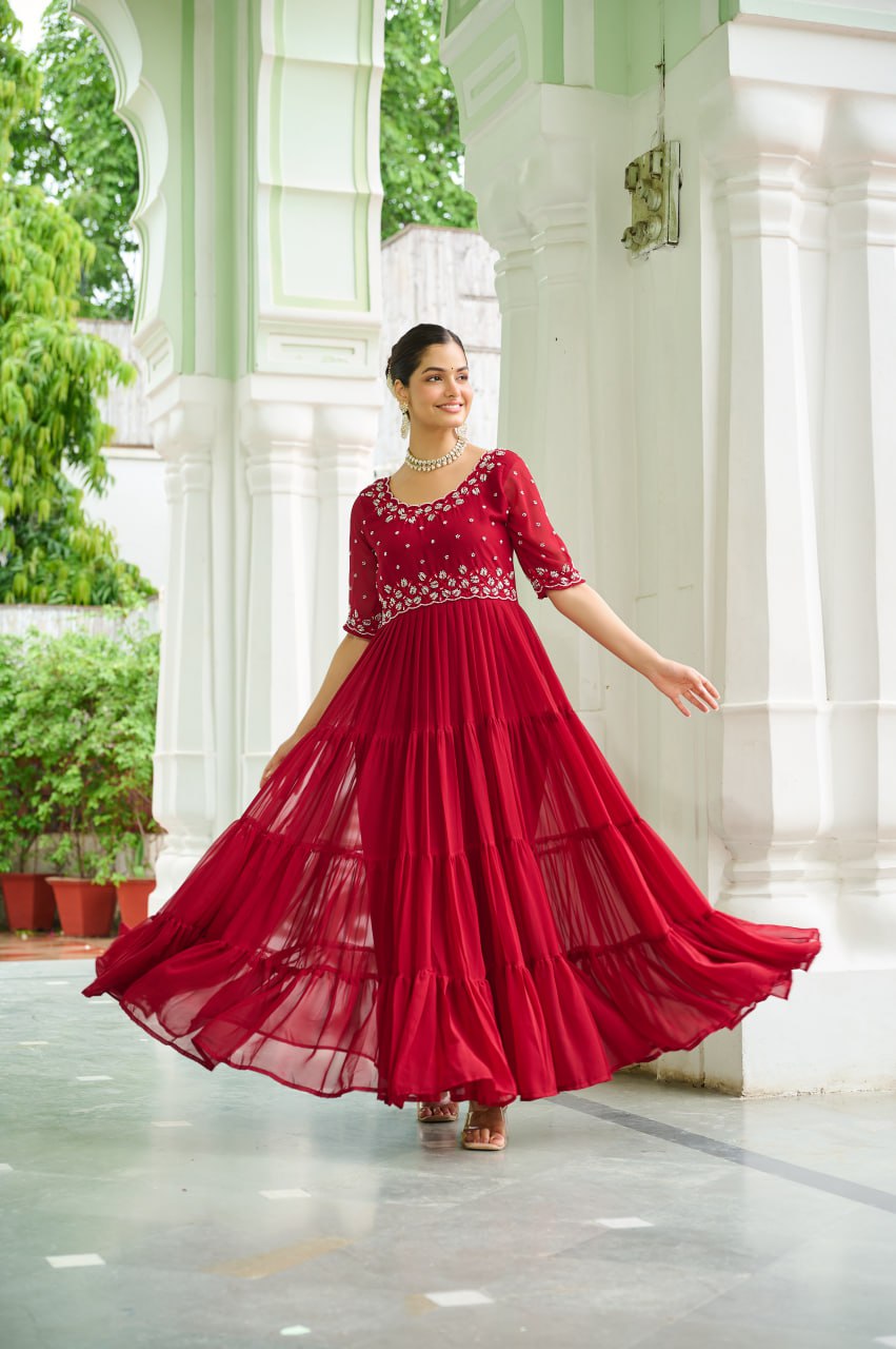 Sonakshi Women's Maroon Faux Blooming Beads Embroidered Work Anarkali Gown Set | Grocsy