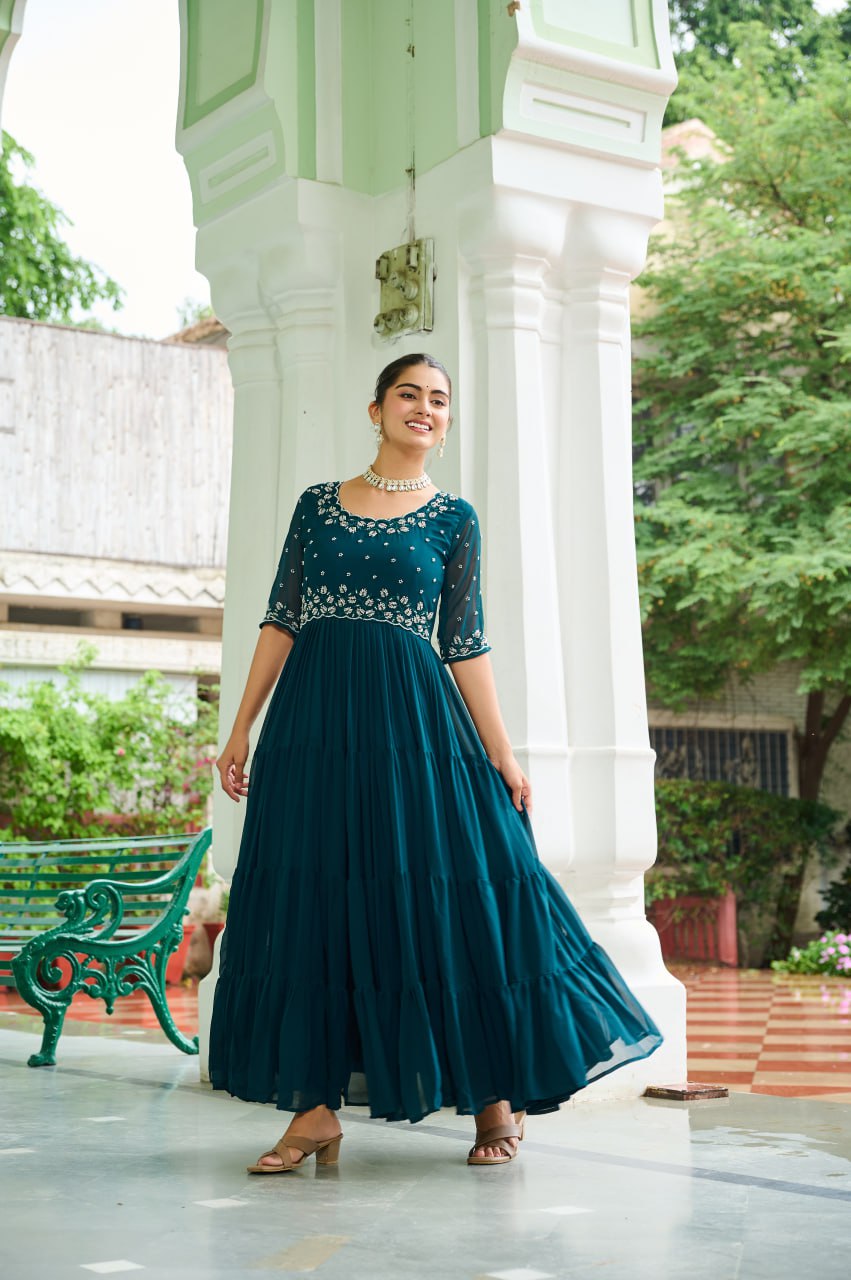 Sonakshi Women's Rama Faux Blooming Beads Embroidered Work Anarkali Gown Set | Grocsy