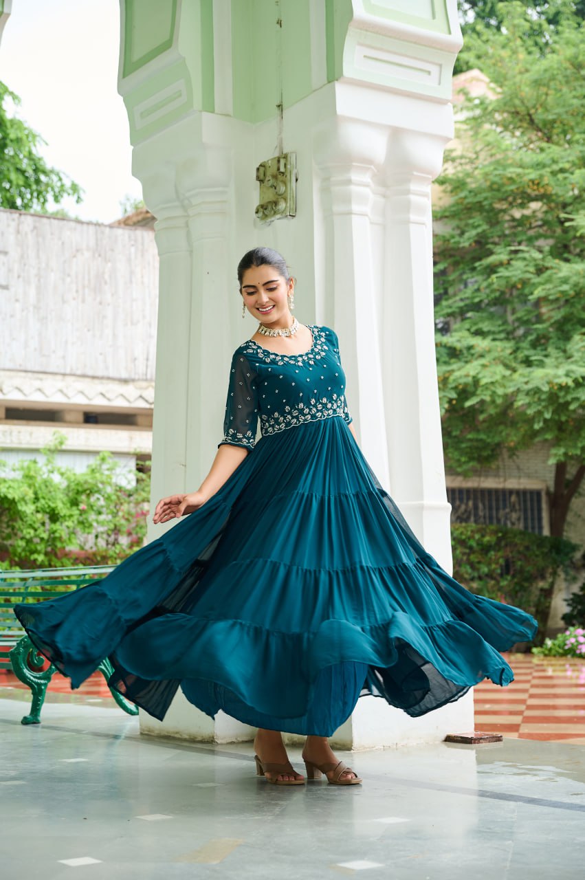 Sonakshi Women's Rama Faux Blooming Beads Embroidered Work Anarkali Gown Set | Grocsy