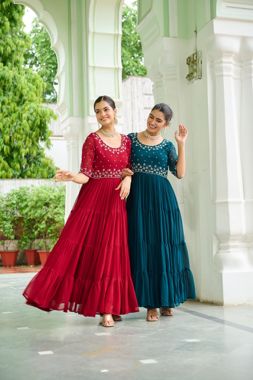 Sonakshi Women's Rama & Maroon Faux Blooming Beads Embroidered Work Anarkali Gown Set | Grocsy