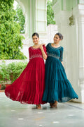 Sonakshi Women's Rama & Maroon Faux Blooming Beads Embroidered Work Anarkali Gown Set | Grocsy