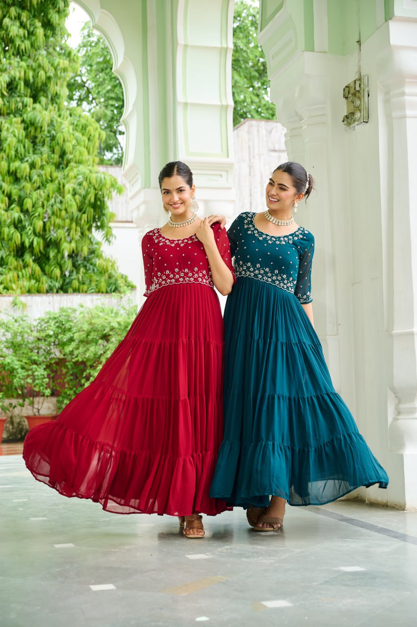 Sonakshi Women's Rama & Maroon Faux Blooming Beads Embroidered Work Anarkali Gown Set | Grocsy