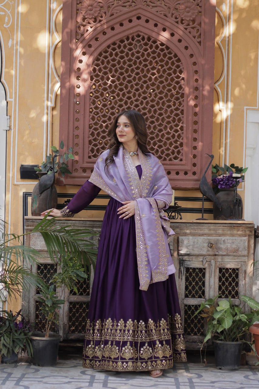 Sonakshi Women's Wine Star Georgette Embroidered Zari Sequence Work Anarkali Gown Set With Dupatta | Grocsy