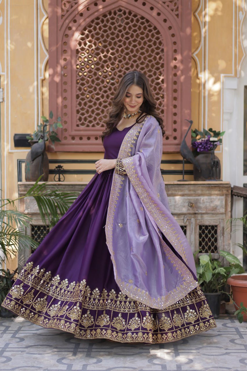Sonakshi Women's Wine Star Georgette Embroidered Zari Sequence Work Anarkali Gown Set With Dupatta | Grocsy