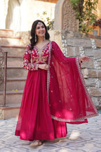 Sonakshi Women's Maroon Faux Blooming Embroidered Zari Sequence Work Anarkali Gown Set With Dupatta | Grocsy