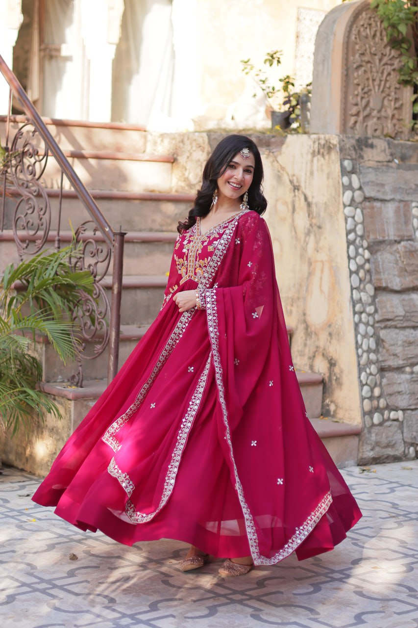 Sonakshi Women's Maroon Faux Blooming Embroidered Zari Sequence Work Anarkali Gown Set With Dupatta | Grocsy