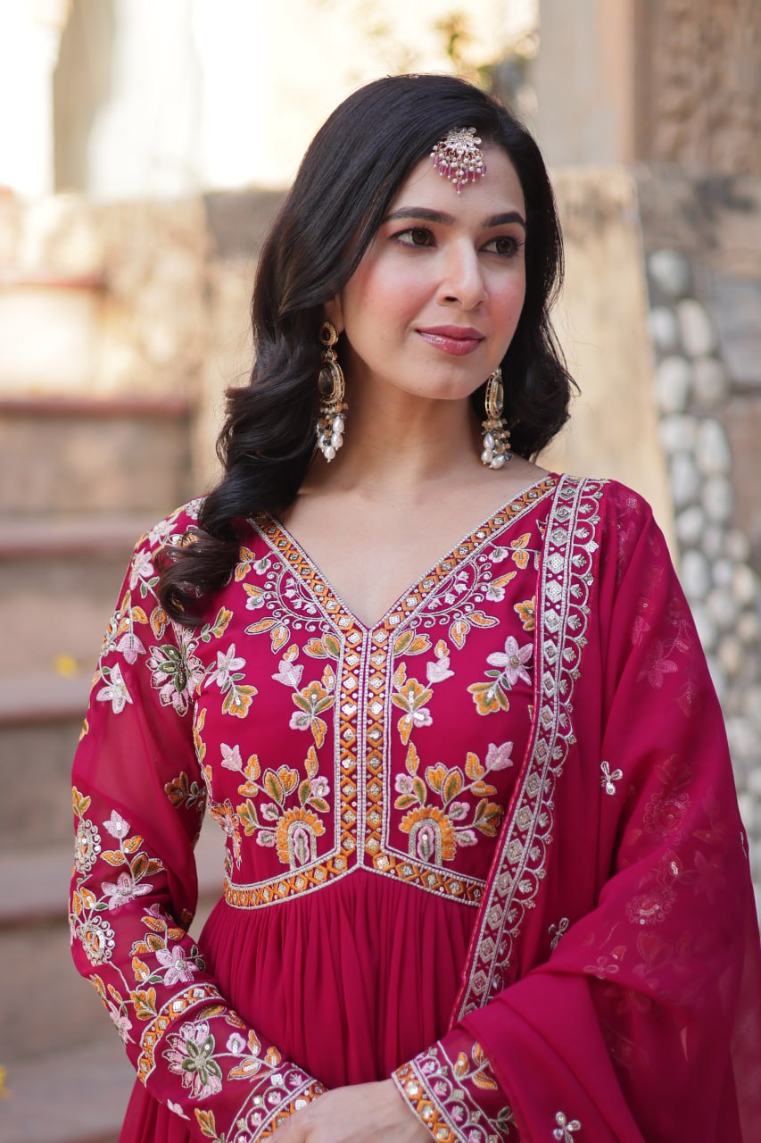 Sonakshi Women's Maroon Faux Blooming Embroidered Zari Sequence Work Anarkali Gown Set With Dupatta | Grocsy