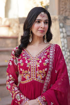 Sonakshi Women's Maroon Faux Blooming Embroidered Zari Sequence Work Anarkali Gown Set With Dupatta | Grocsy