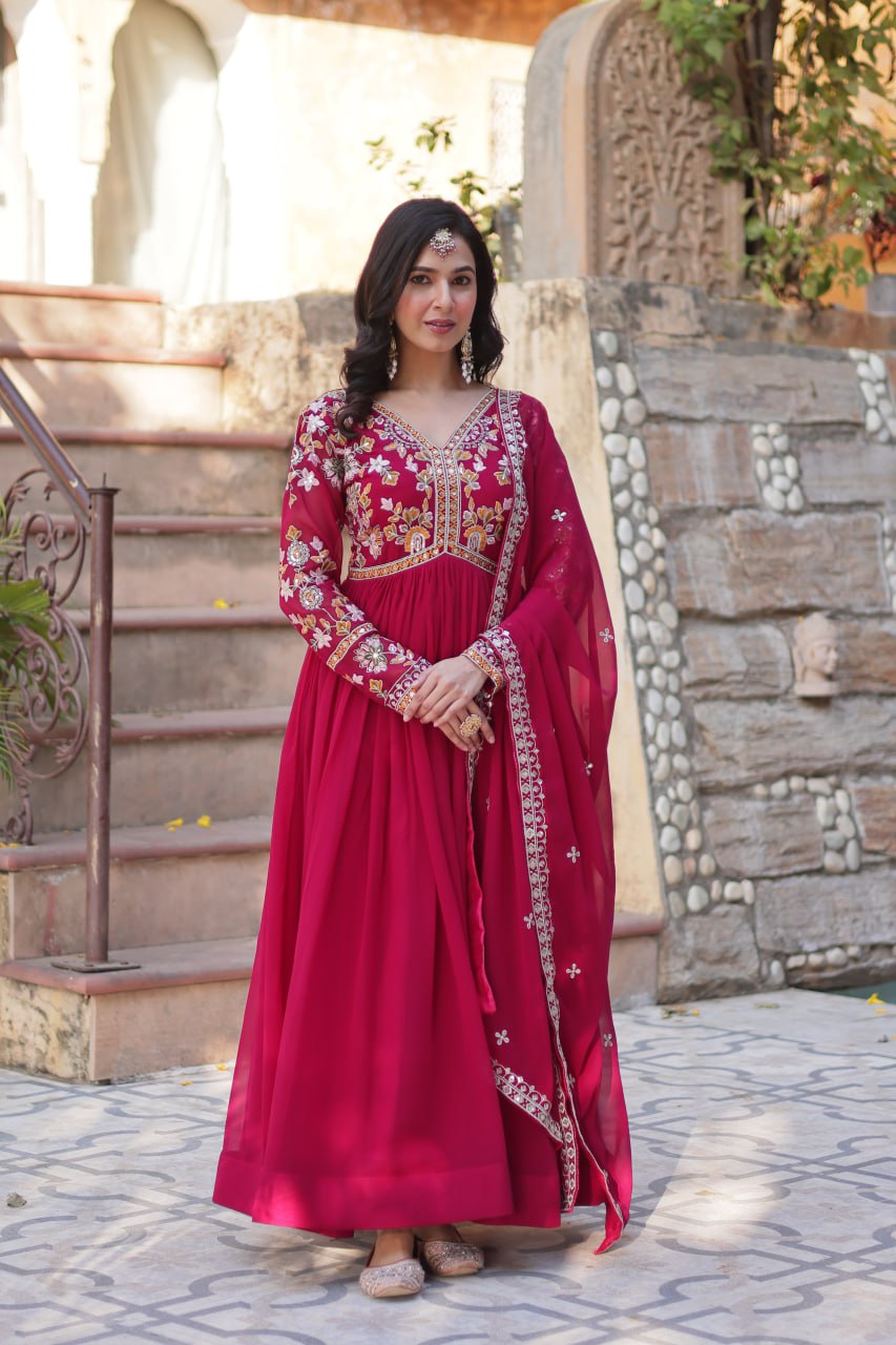 Sonakshi Women's Maroon Faux Blooming Embroidered Zari Sequence Work Anarkali Gown Set With Dupatta | Grocsy