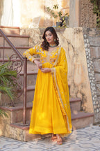 Sonakshi Women's Gold Faux Blooming Embroidered Zari Sequence Work Anarkali Gown Set With Dupatta | Grocsy