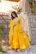 Sonakshi Women's Gold Faux Blooming Embroidered Zari Sequence Work Anarkali Gown Set With Dupatta | Grocsy