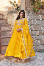 Sonakshi Women's Gold Faux Blooming Embroidered Zari Sequence Work Anarkali Gown Set With Dupatta | Grocsy