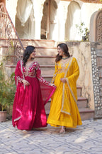 Sonakshi Women's Maroon & Gold Faux Blooming Embroidered Zari Sequence Work Anarkali Gown Set With Dupatta | Grocsy