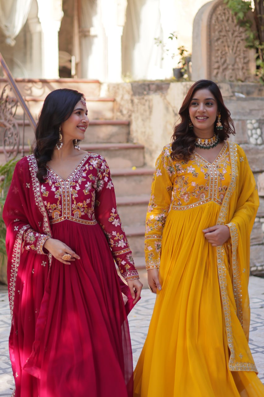 Sonakshi Women's Maroon & Gold Faux Blooming Embroidered Zari Sequence Work Anarkali Gown Set With Dupatta | Grocsy