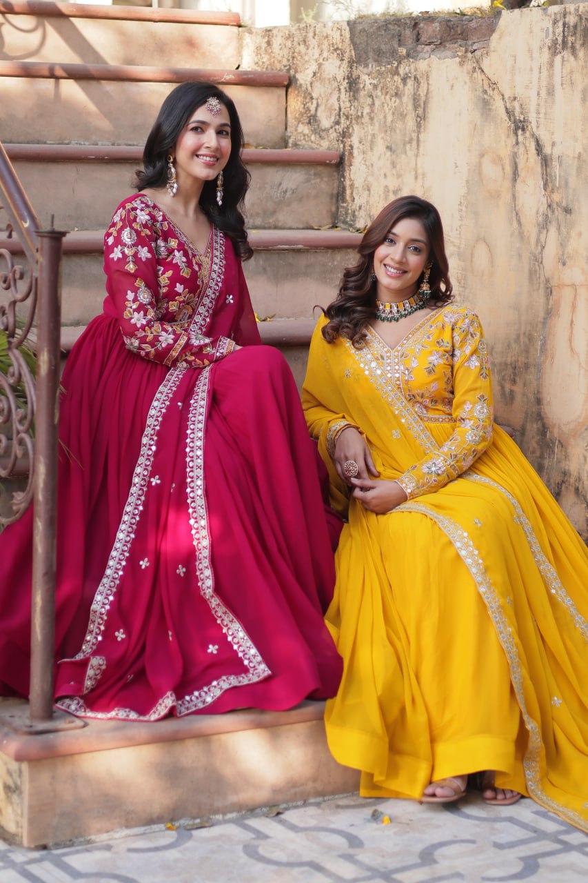 Sonakshi Women's Maroon & Gold Faux Blooming Embroidered Zari Sequence Work Anarkali Gown Set With Dupatta | Grocsy
