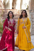 Sonakshi Women's Maroon & Gold Faux Blooming Embroidered Zari Sequence Work Anarkali Gown Set With Dupatta | Grocsy