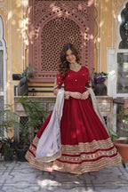 Sonakshi Women's Maroon Faux Blooming Embroidered Zari Sequence Work Anarkali Gown Set With Dupatta | Grocsy